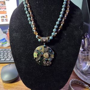 Turquoise and Amber Bead Pendant Necklace - Artisan Style